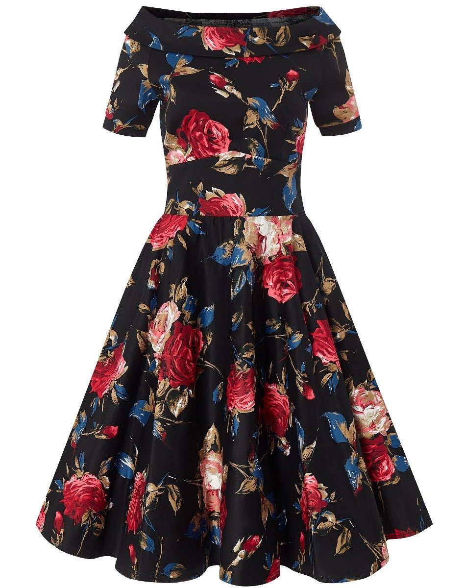 Rockabilly Floral Roses Swing Dress in Black