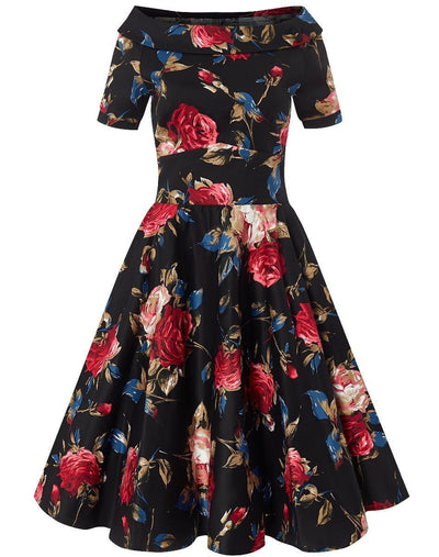 Rockabilly Floral Roses Swing Dress in Black