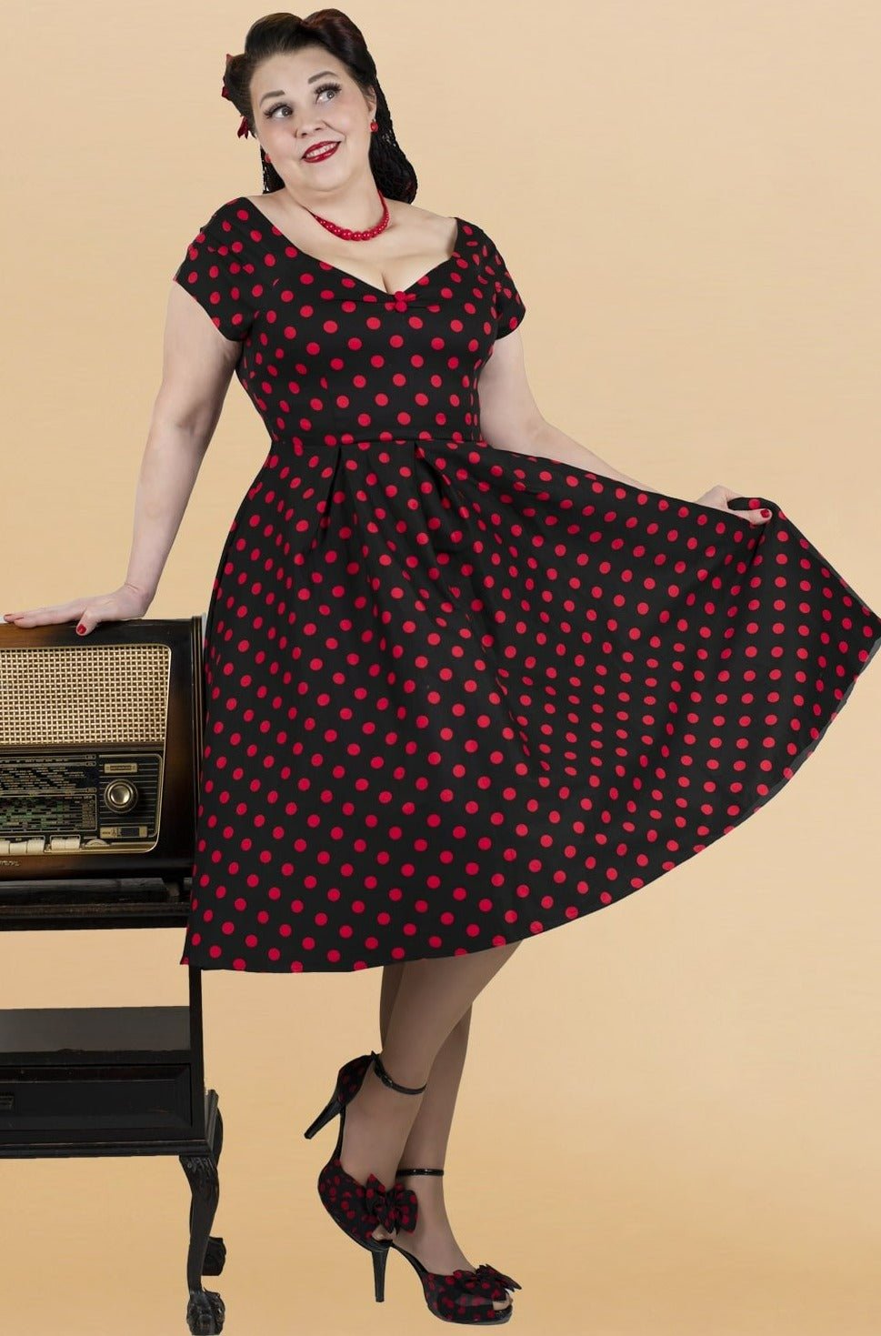 Rockabilly Polka Dot Off Shoulder Swing Dress In Black & Red