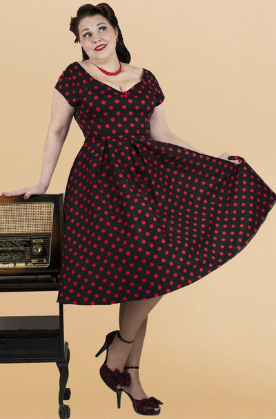 Rockabilly Polka Dot Off Shoulder Swing Dress In Black & Red