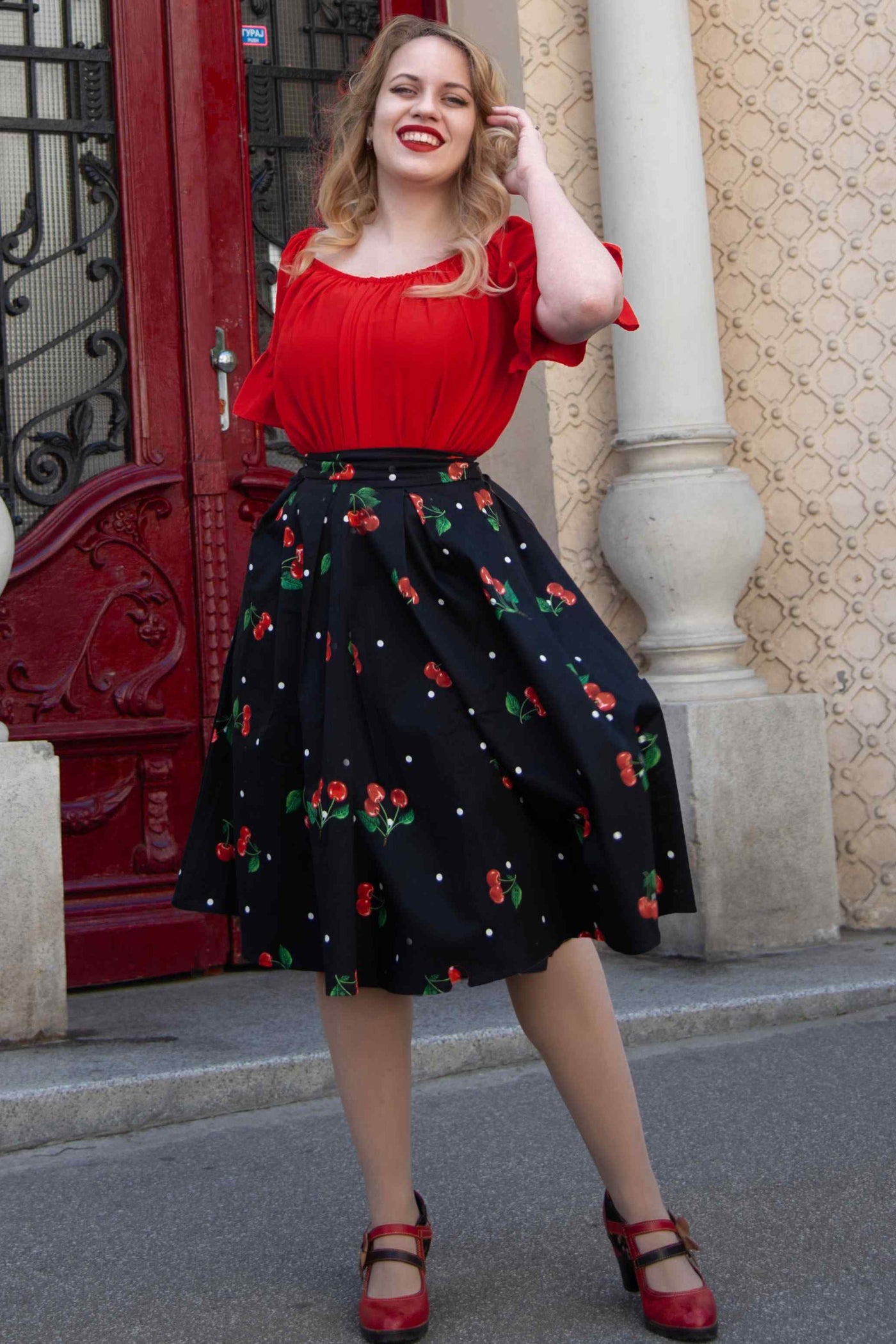 Carolyn Polka Dot Cherry Black Flared Skirt