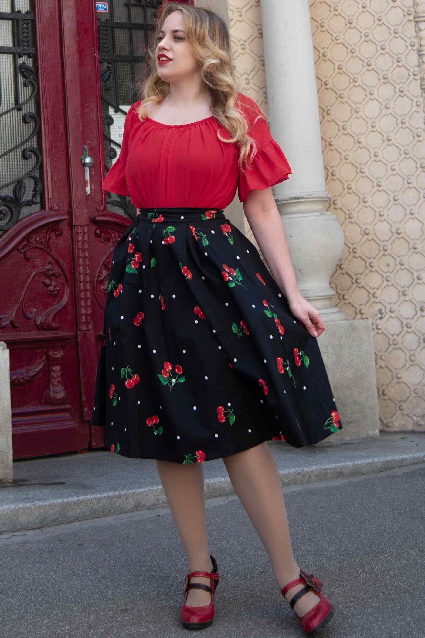 Carolyn Polka Dot Cherry Black Flared Skirt