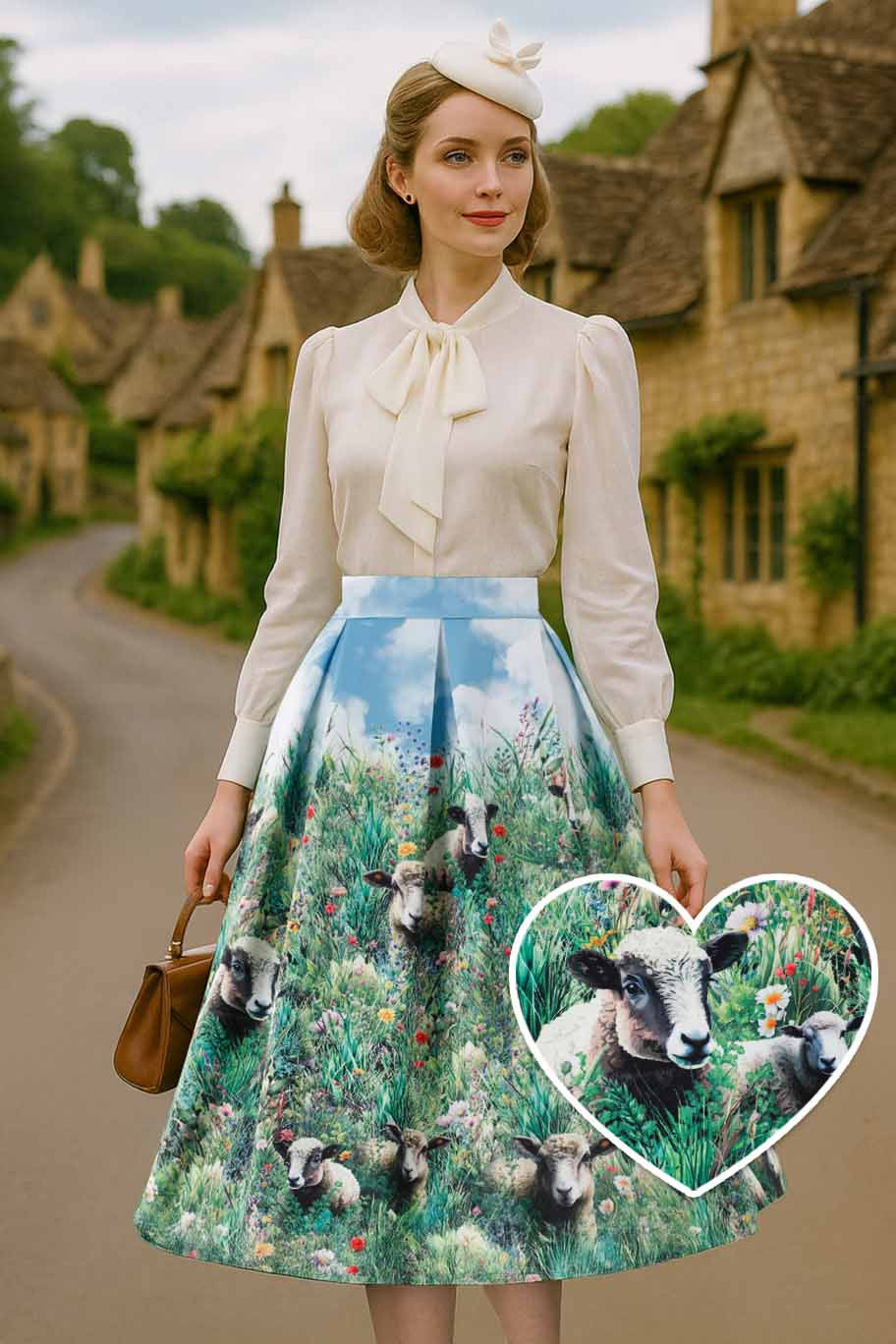A lady wearing an Aisley Sheep Field Pleated Midi Skirt