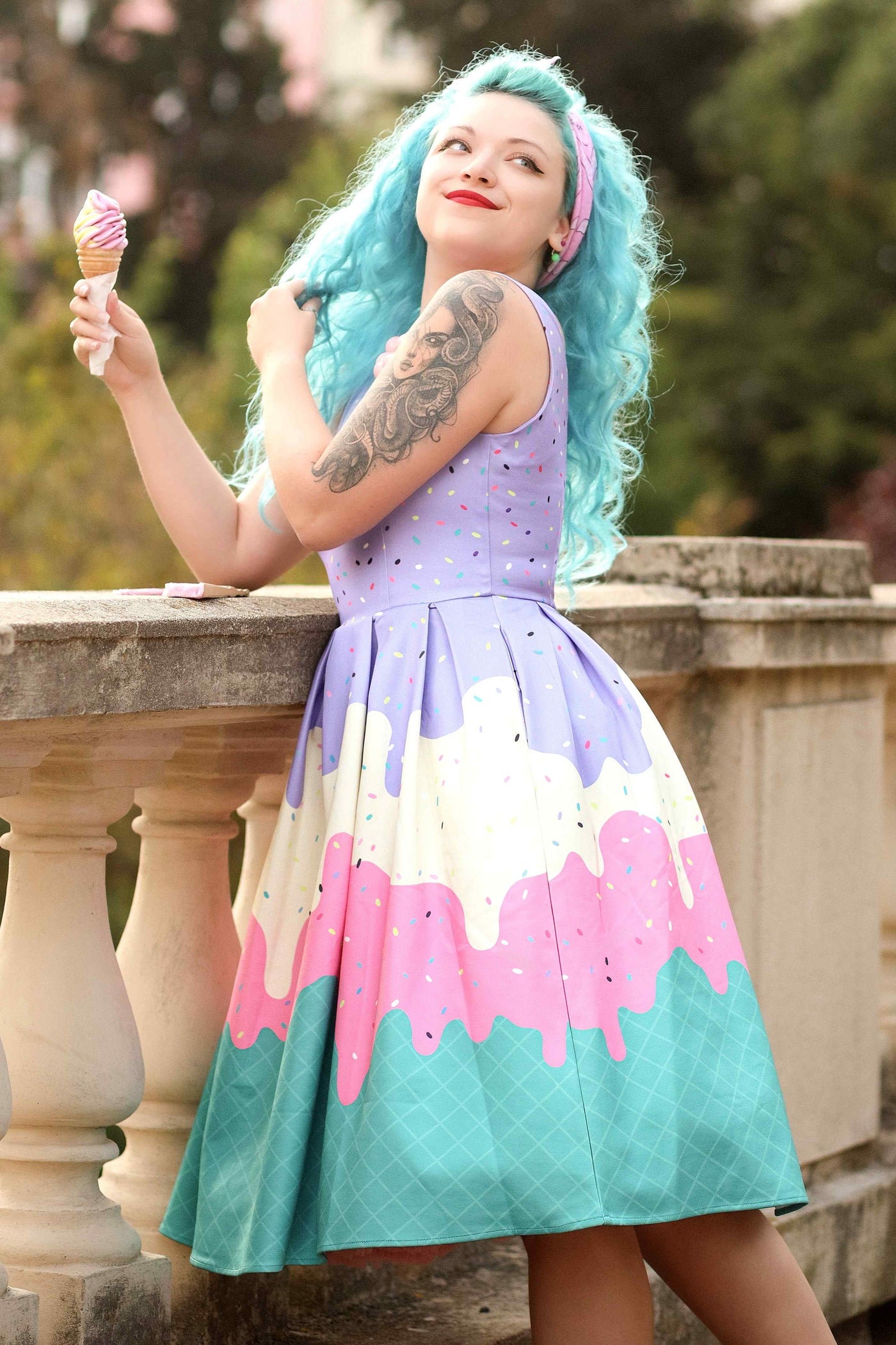 A model wearing Summer Sprinkles Ice Cream Cone Swing Dress