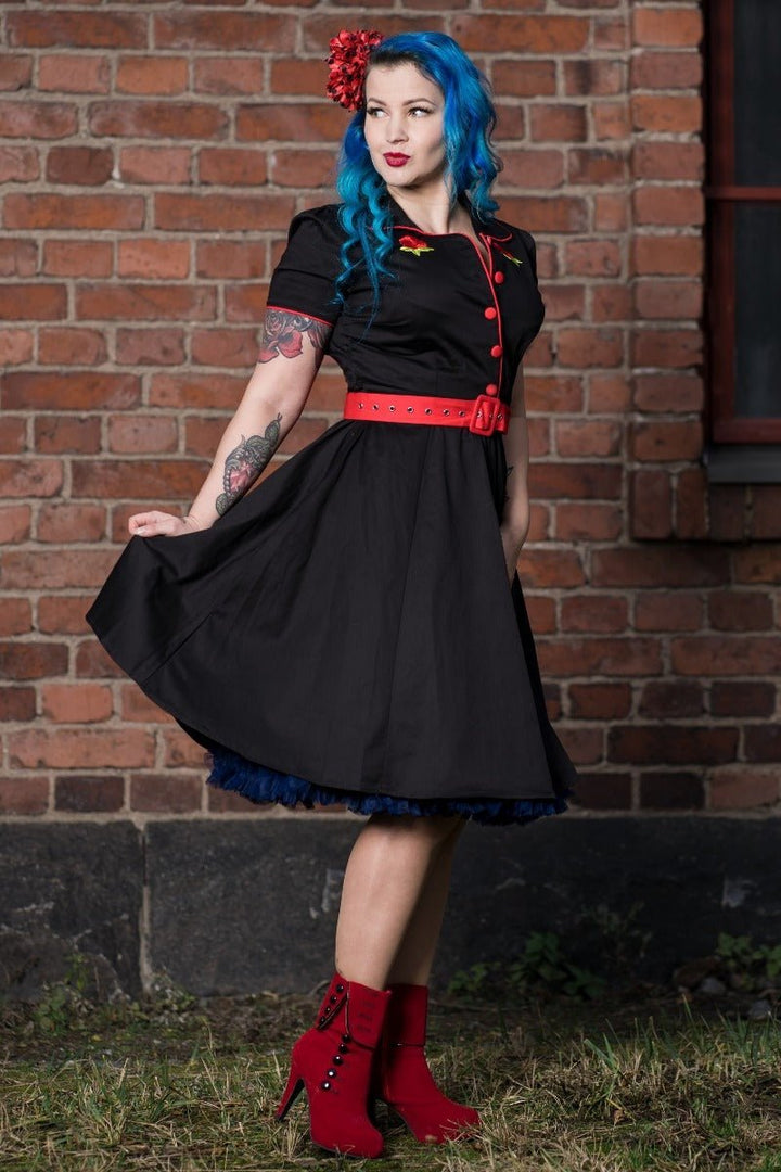black dress red embroidery Sherry Women's Rose Rockabilly Diner Dress in Black/Red