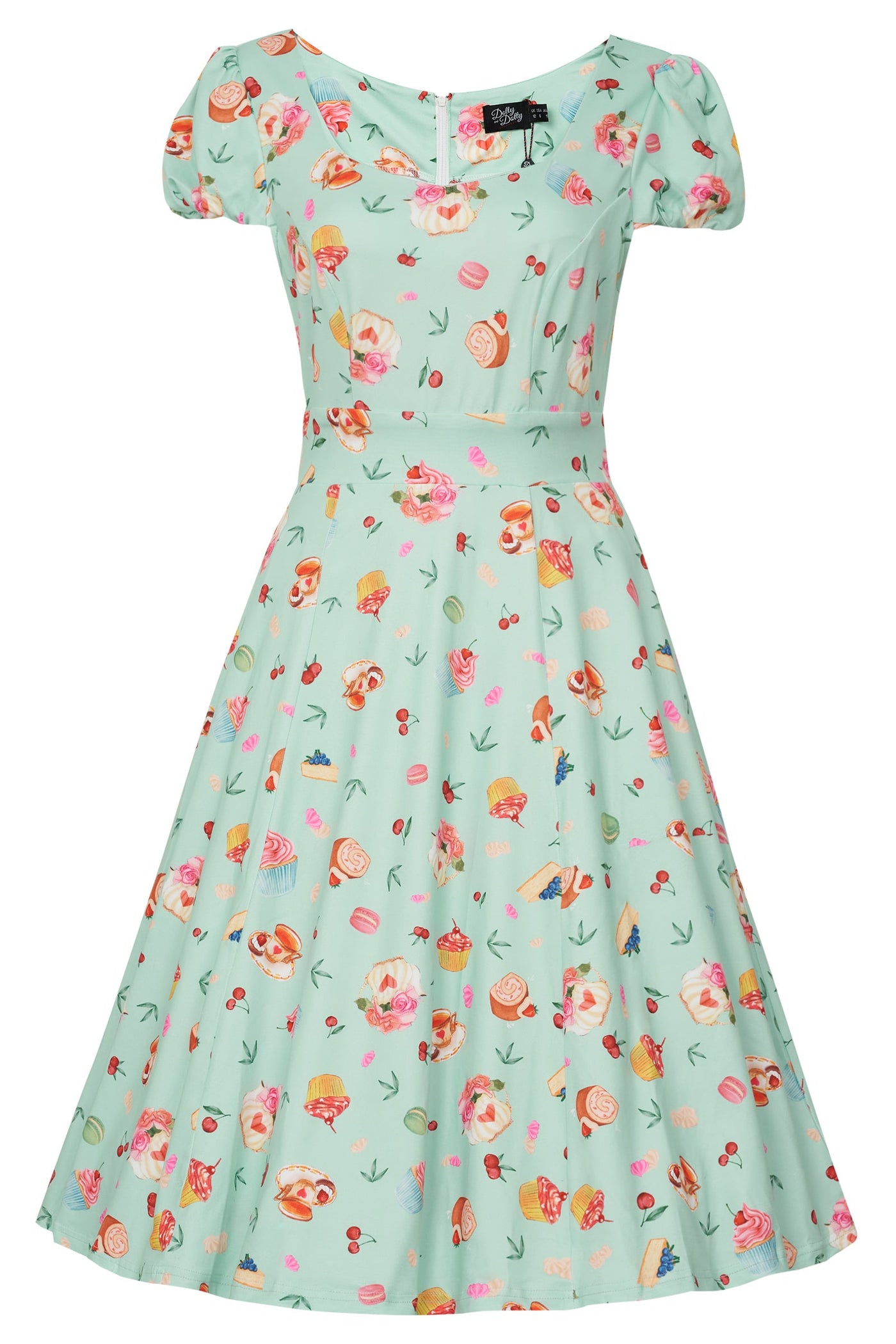 Front view of Sleeved Dress In Pastel Tea Cake Print