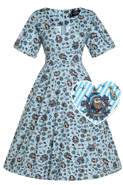 Sleeved Tea Dress in Blue Striped Nautical Print