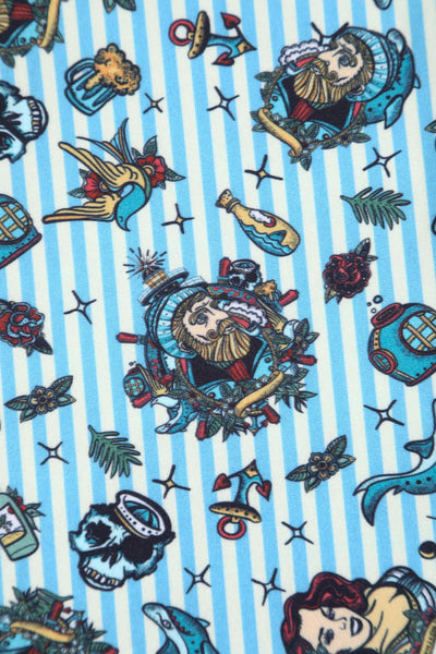 Close up view of Sleeved Tea Dress in Blue Striped Nautical Print