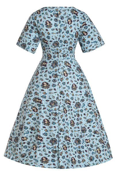 Back view of Sleeved Tea Dress in Blue Striped Nautical Print