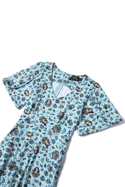 Close up view of Sleeved Tea Dress in Blue Striped Nautical Print