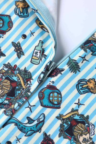 Close up view of Sleeved Tea Dress in Blue Striped Nautical Print