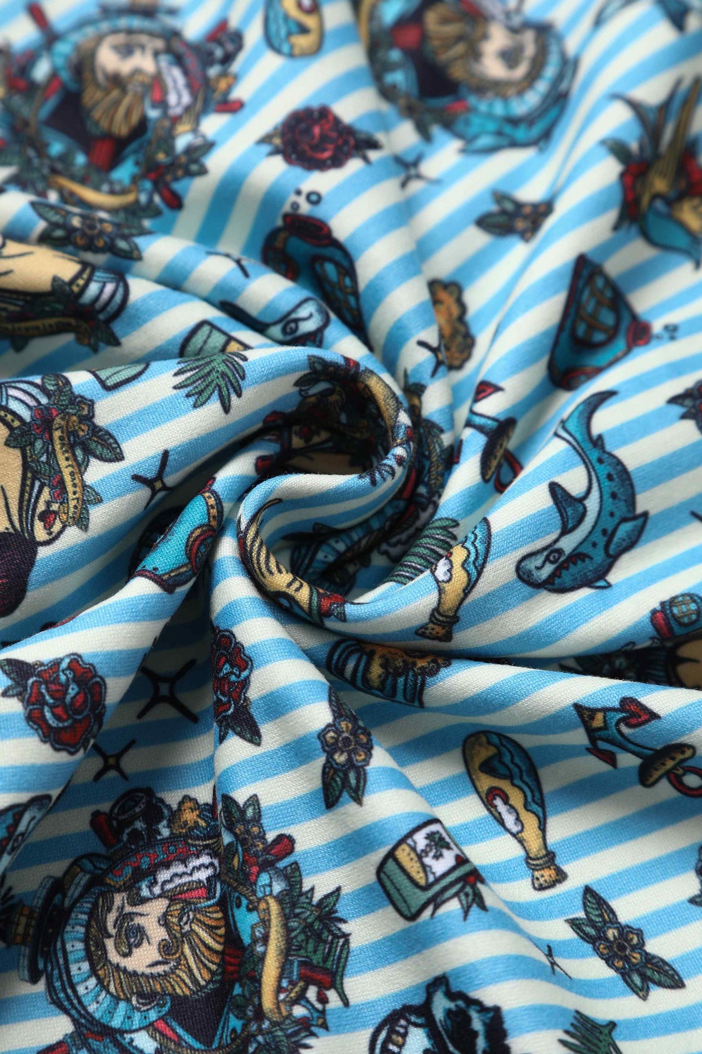 Close up view of Sleeved Tea Dress in Blue Striped Nautical Print