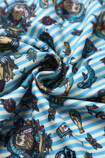 Close up view of Sleeved Tea Dress in Blue Striped Nautical Print