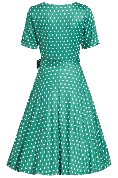 Stylish & Casual Green Polka Dot Wrap Dress for Every Occasion back view