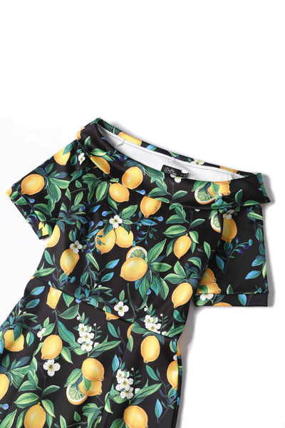 Close up view of Summer Lemon Fitted Off Shoulder Dress