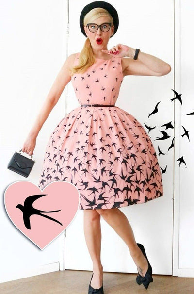Swing Dress in Pink & Black Raising Swallow Birds