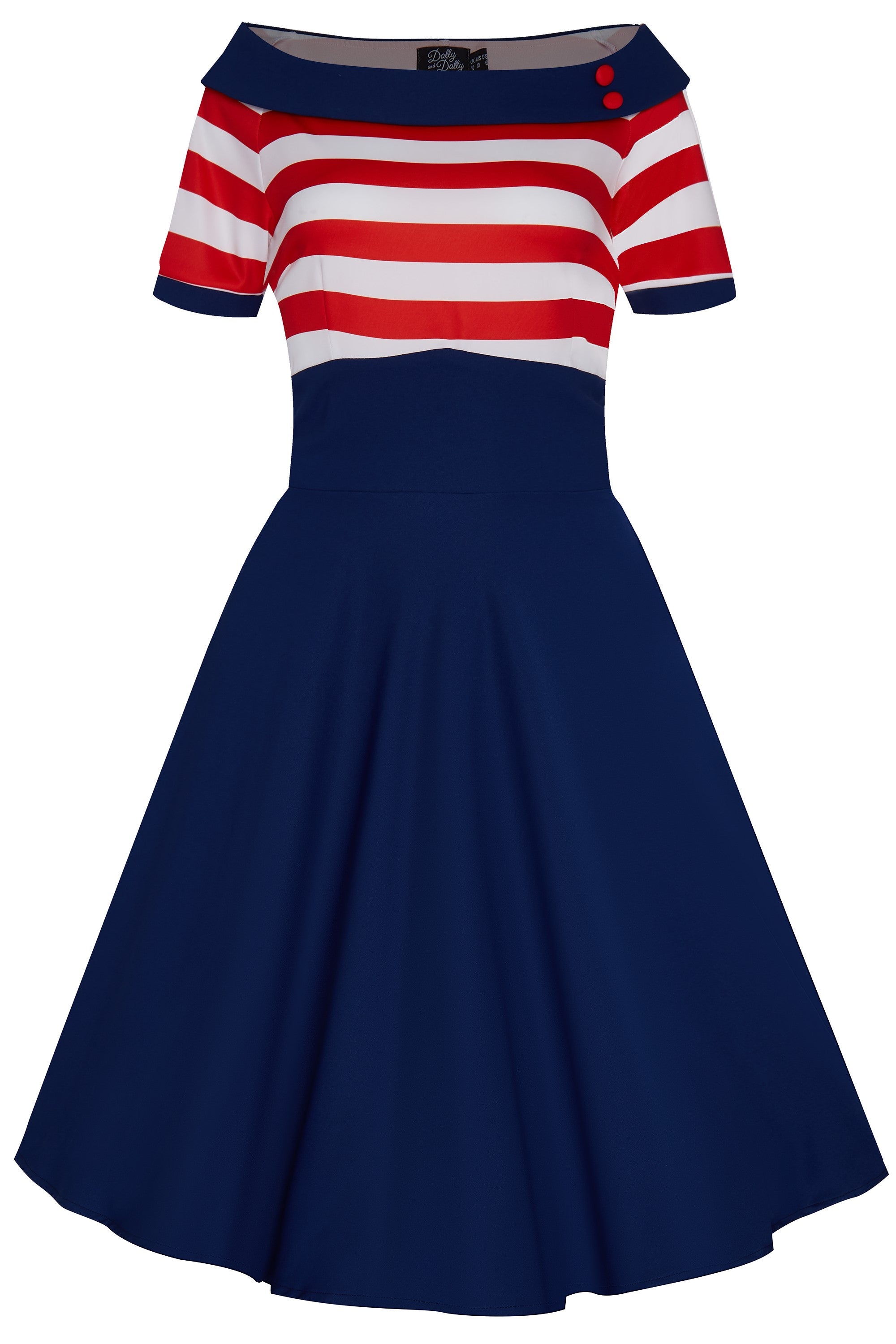 Darlene Swing Dress in Navy Blue and Red Stripe Print Darlene Swing Dress in Navy Blue and Red Stripe Print