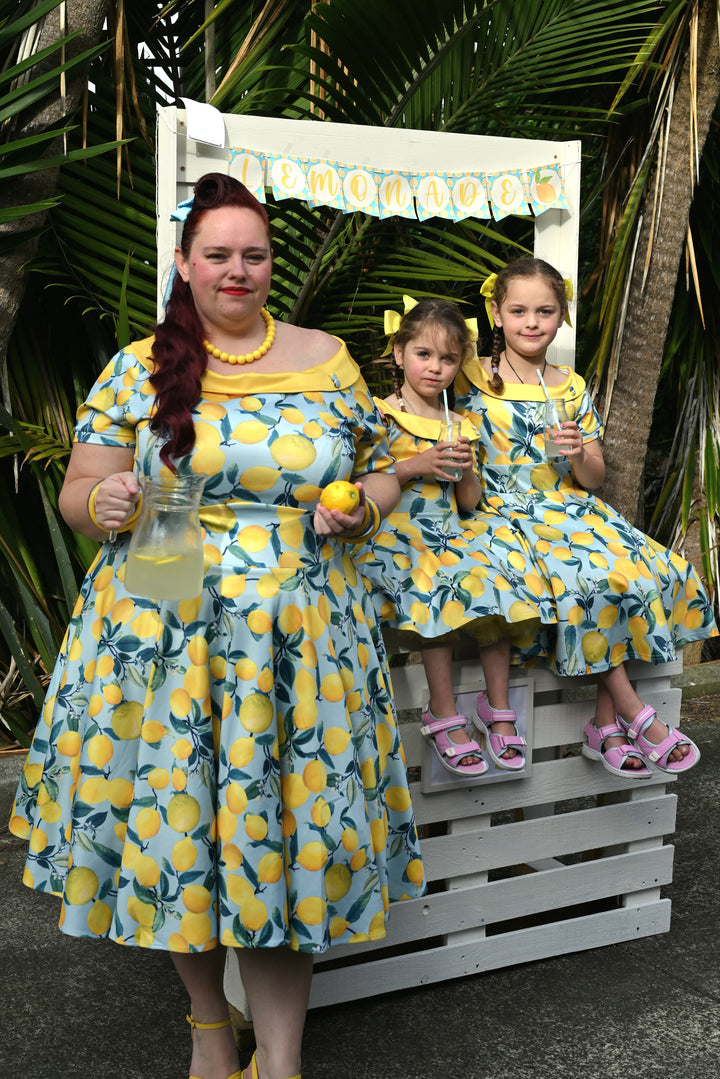 Darlene Off-Shoulder Vintage Dress in Blue/Yellow Lemon Print
