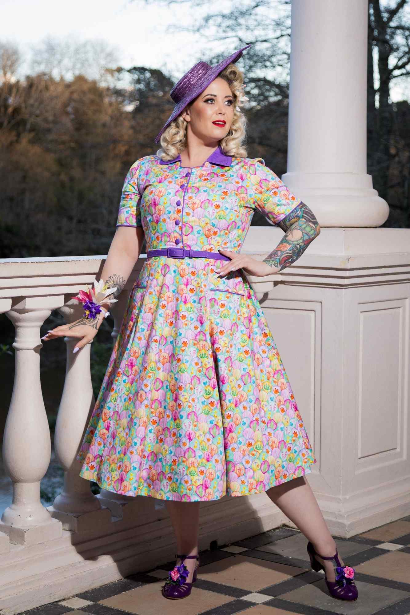 Model wearing Mabel Pastel Seashell Midi Shirt Dress