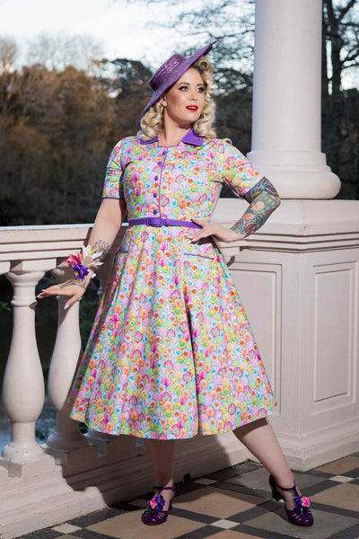 Model wearing Mabel Pastel Seashell Midi Shirt Dress