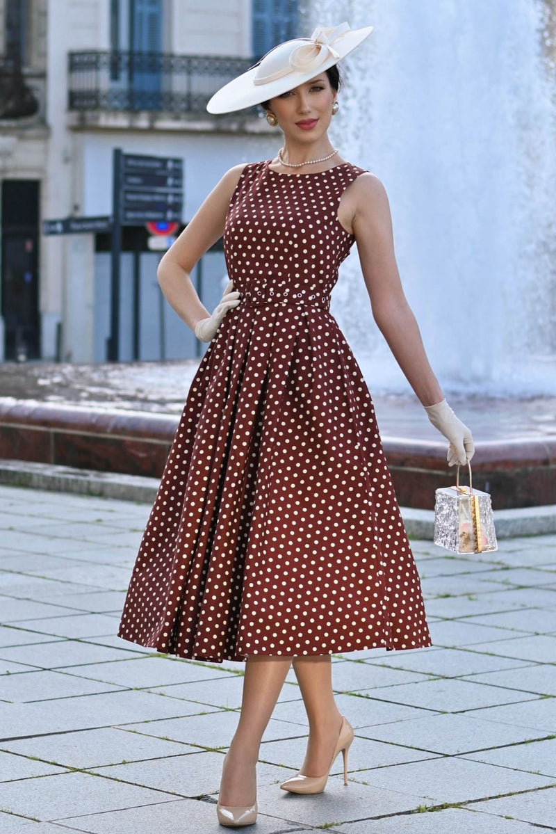 brown polka dot dress uk Milana Polka Dot Swing Dress in Brown in Brown