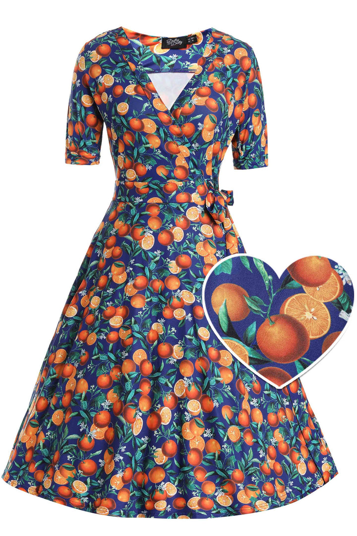 Matilda Navy Orange Branch Wrap Dress | Vintage Fruit Print Dress Matilda Navy Orange Branch Wrap Dress | Vintage Fruit Print Dress