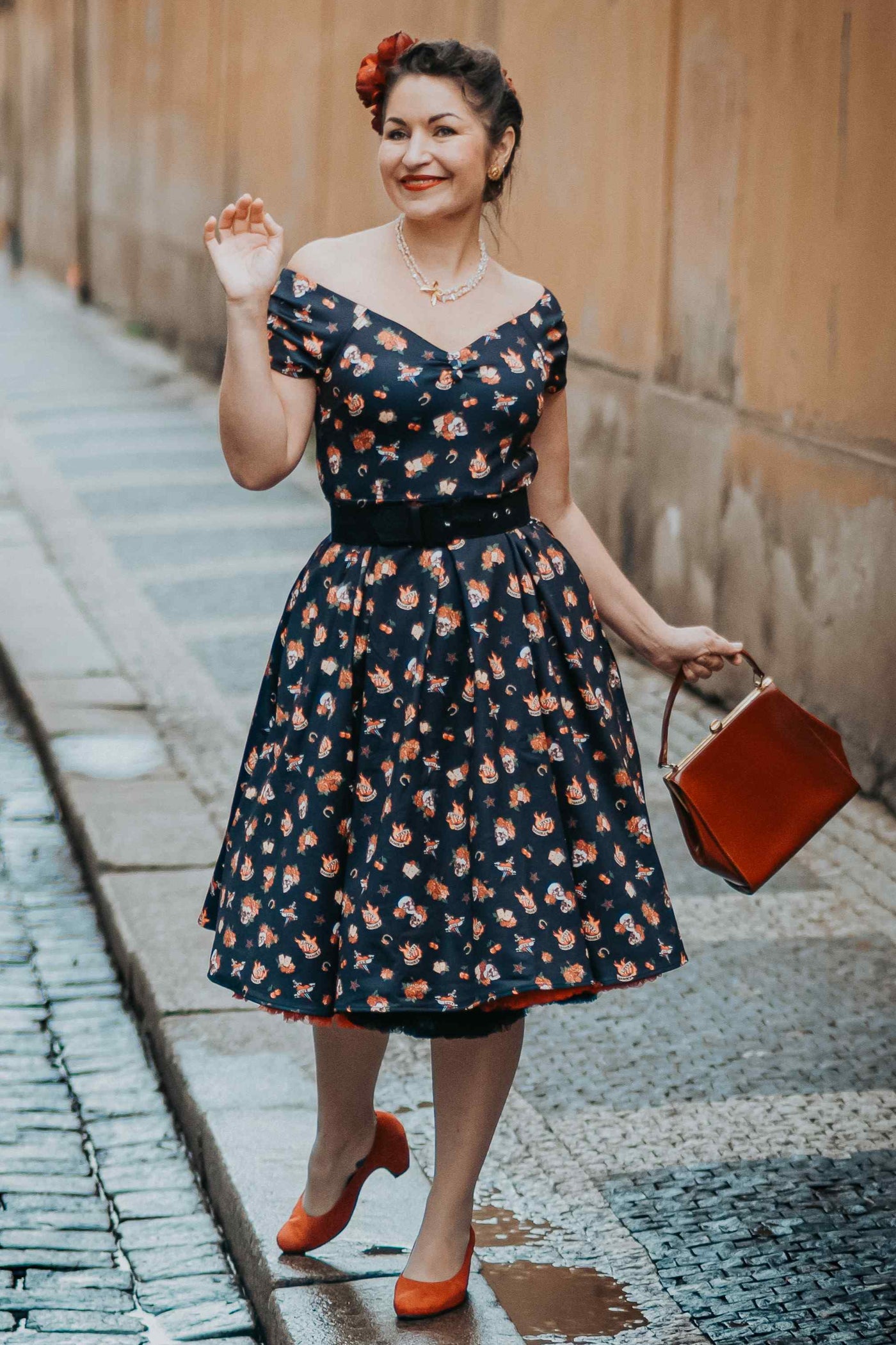 off the shoulder rockabilly dress Rockabilly 1950 Style Off Shoulder Polka Dots Tea Length Wedding Dress