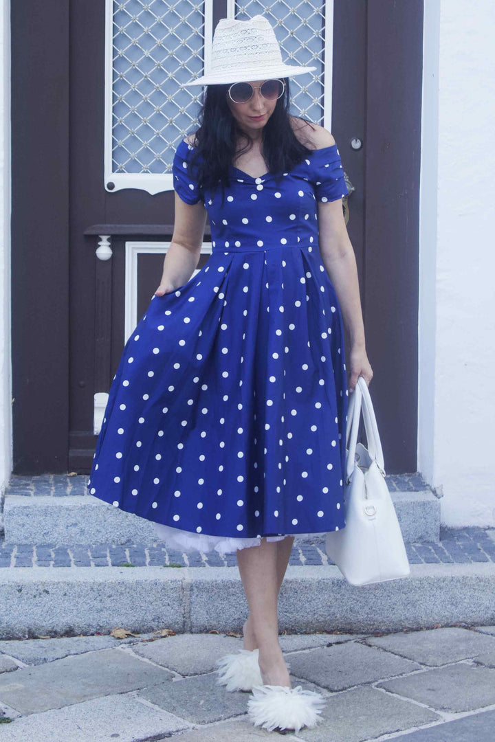 1950s Dresses White And Blue Polka Dot Dress Lily 50s Style Circle Dress In Navy  Blue