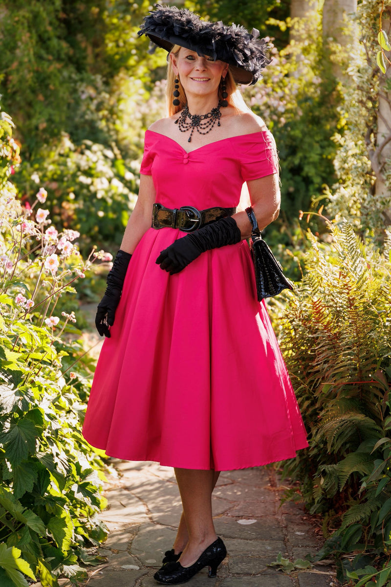 hot pink vintage dress Lily Off Shoulder Maxi dress