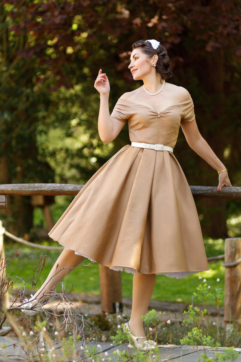 cream dress near me Lily Khaki Off Shoulder YCNYCHCHY Elegant Satin Slip Waist:36 may26