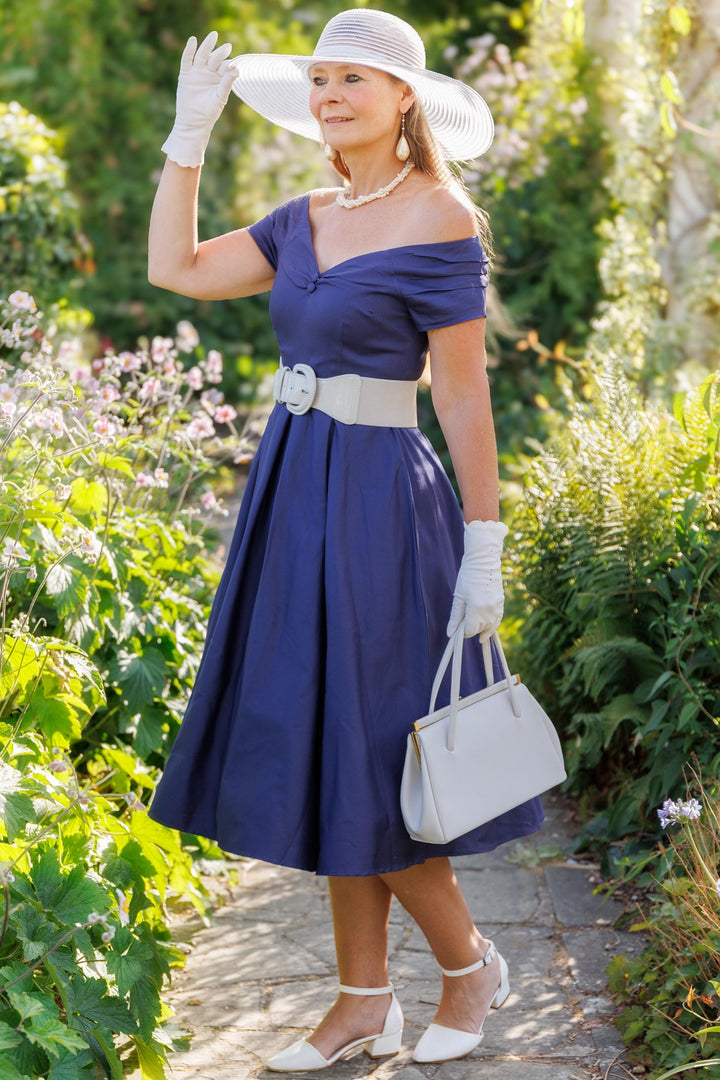 lovely lady dressed in blue Navy Off Shoulder Dress Sale Dresses – The stripe maxi dress Size:2 - S