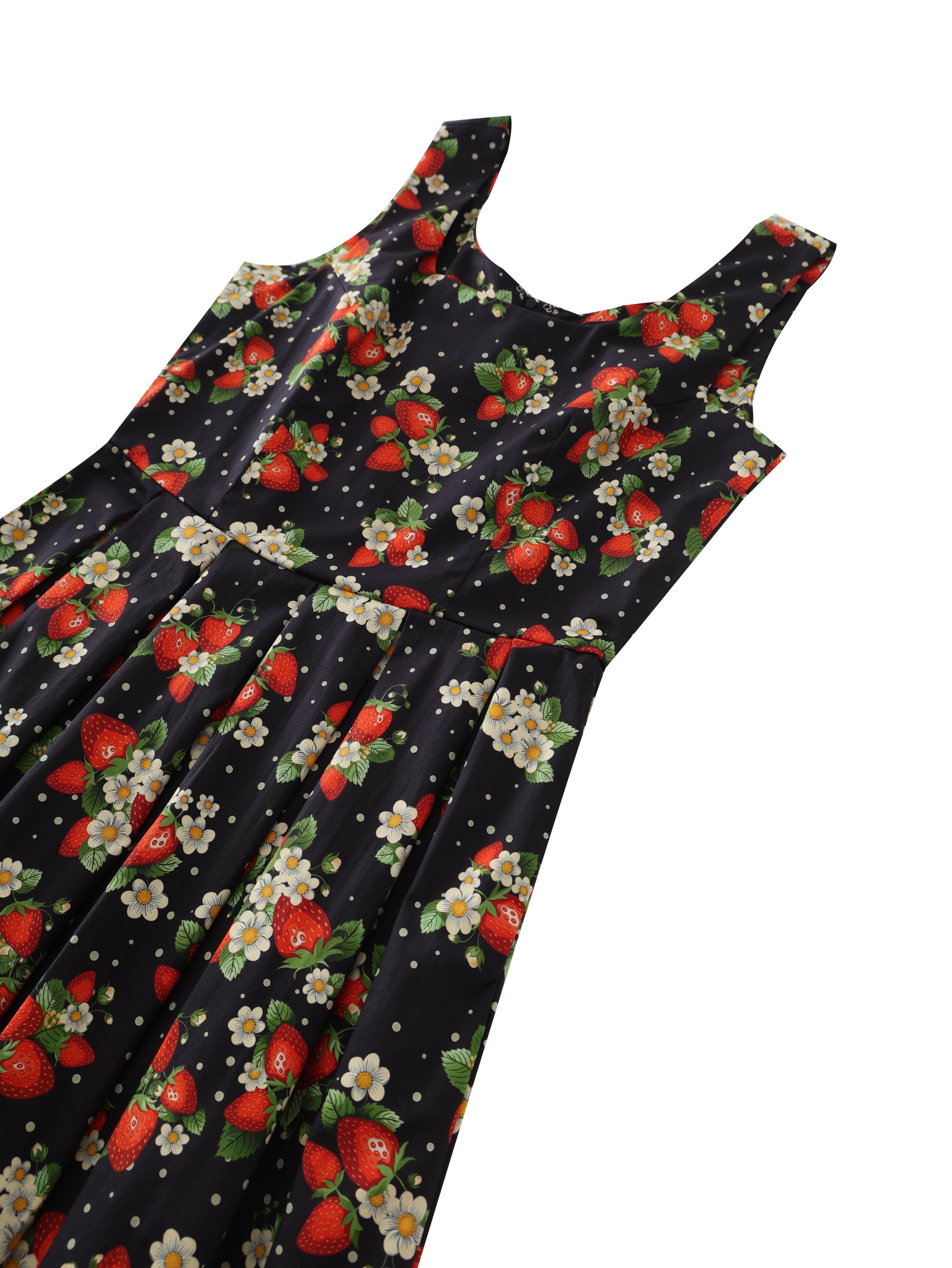 strawberry midi dress black Unique Vintage Black & Strawberry Print Smocked Bodice Midi Dress