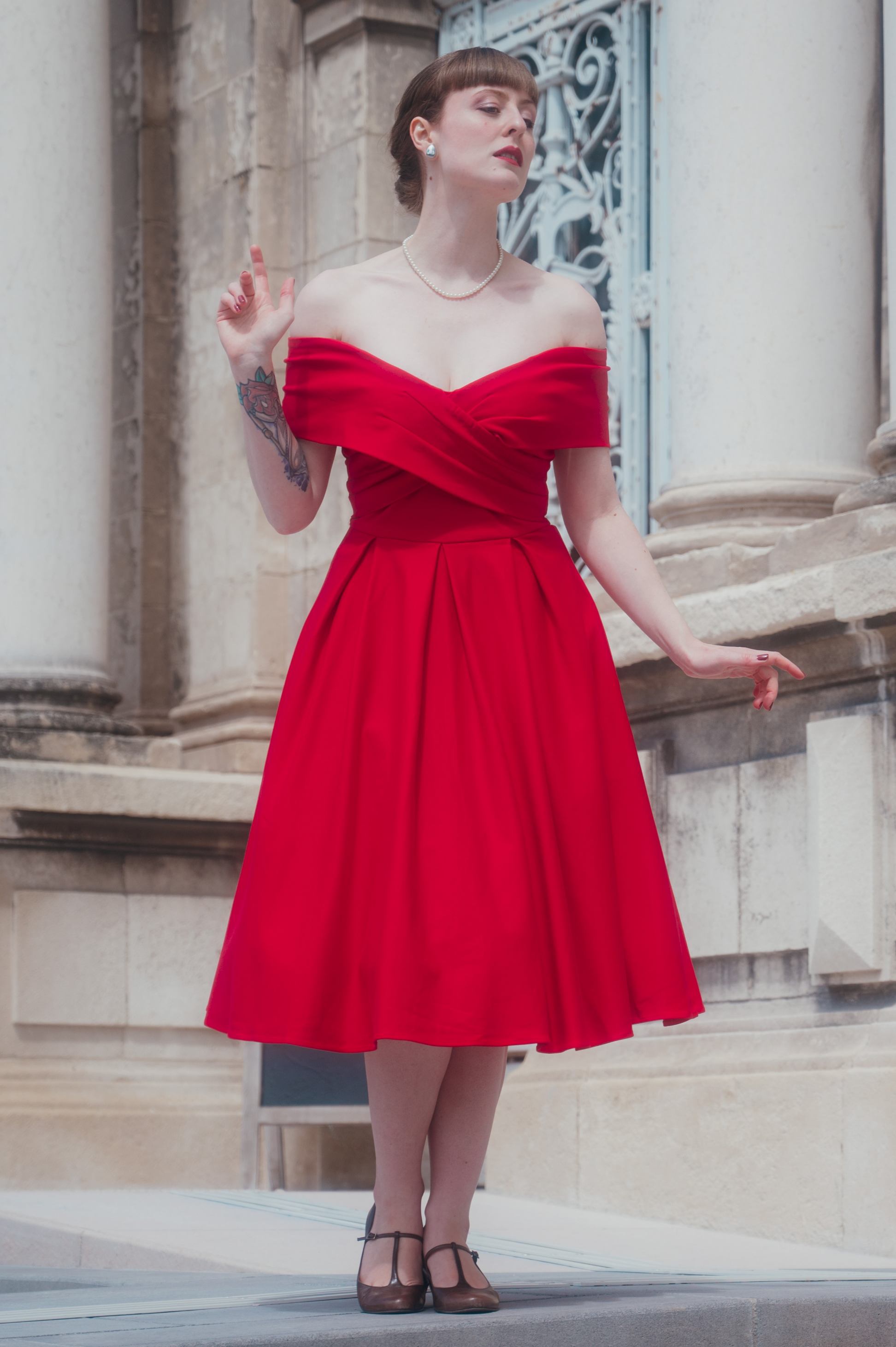 Red Crossover Off Shoulder Dress