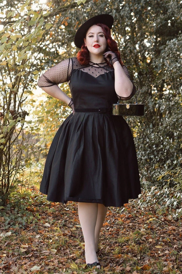 strapless open back dress Elizabeth Retro Cotton Party Dress in All Black with Mesh