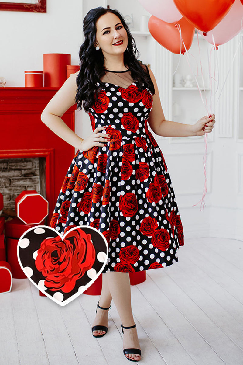 Elizabeth Vintage Polka Dot/Roses Party Dress in Black/Red Elizabeth Vintage Polka Dot/Roses Party Dress in Black/Red