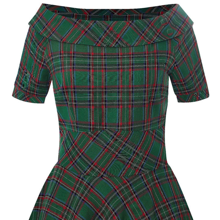 Darlene Vintage Swing Dress in Dark Green Plaid Print