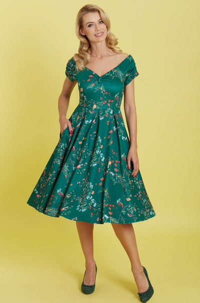 Green Bird Forest Off Shoulder Swing Dress