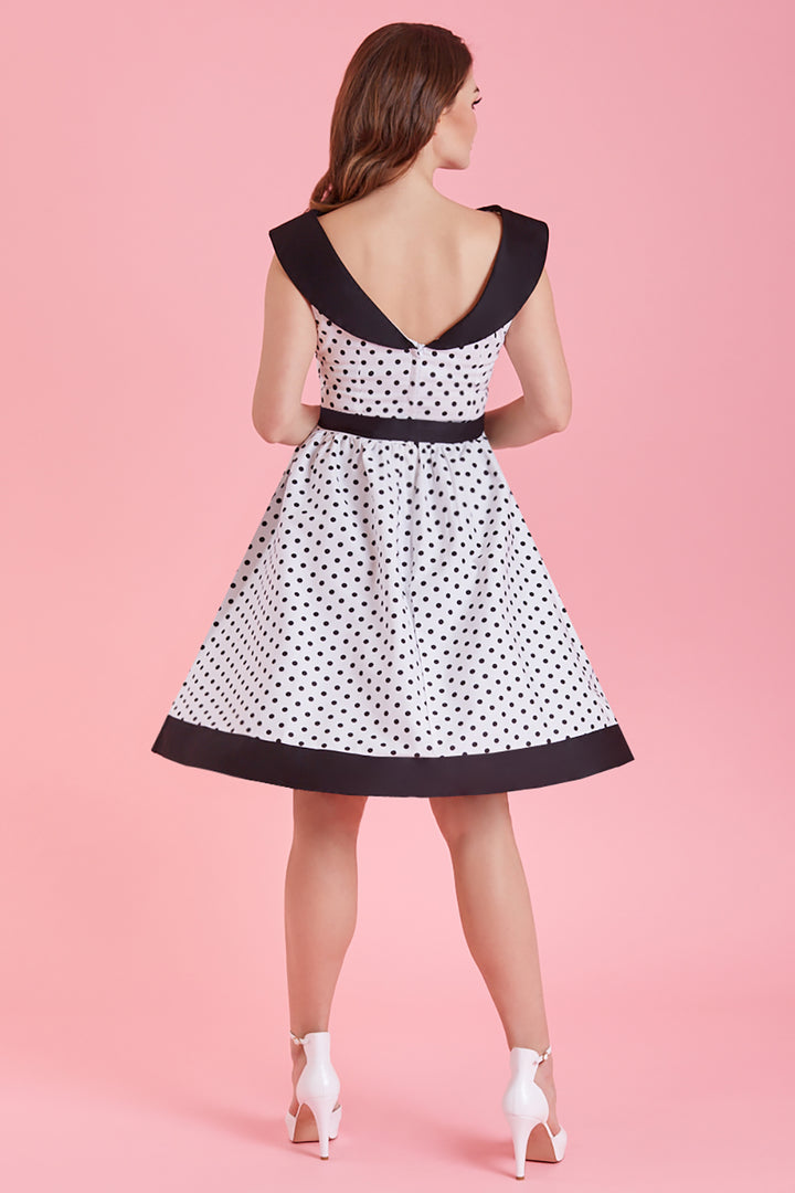 50s Roll Collar Low Back White & Black Spot Dress 50s Roll Collar Low Back White & Black Spot Dress