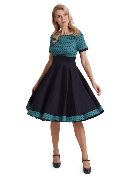 Woman's Black & Green Polka Dot Off Shoulder Swing Dress