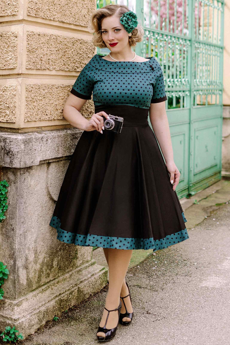 Black & Green Polka Dot Off Shoulder Swing Dress
