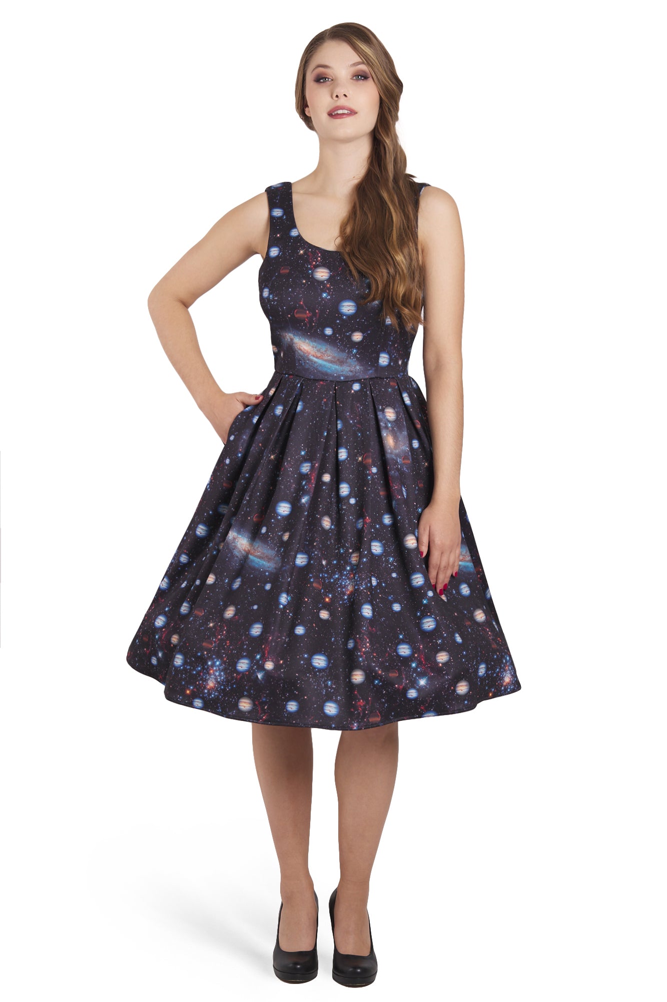 Amanda Swing Dress in Black Outer Space Galaxy Print
