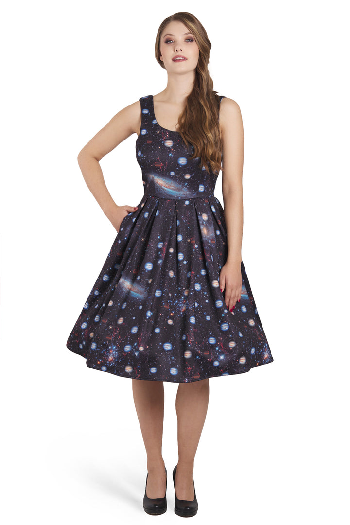 Amanda Swing Dress in Black Outer Space Galaxy Print