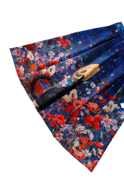 Close up view of Aisley Black Cat Midnight Garden Pleated Midi Skirt