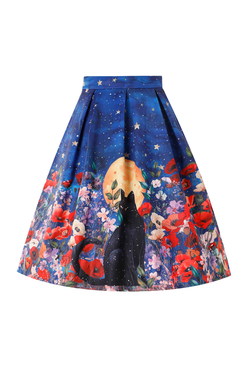 Front view of Aisley Black Cat Midnight Garden Pleated Midi Skirt