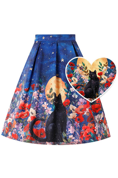 Front view of Aisley Black Cat Midnight Garden Pleated Midi Skirt