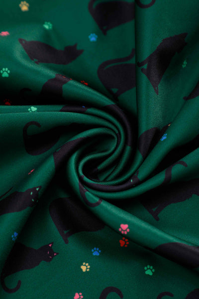 Fabric of Aisley Black Cat Pleated Midi Skirt In Green