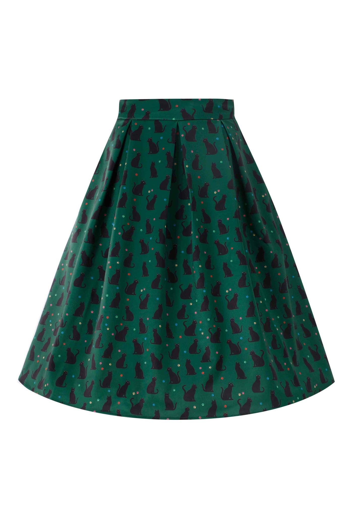 Front view of Aisley Black Cat Pleated Midi Skirt In Green