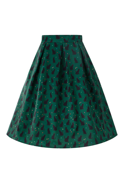Front view of Aisley Black Cat Pleated Midi Skirt In Green