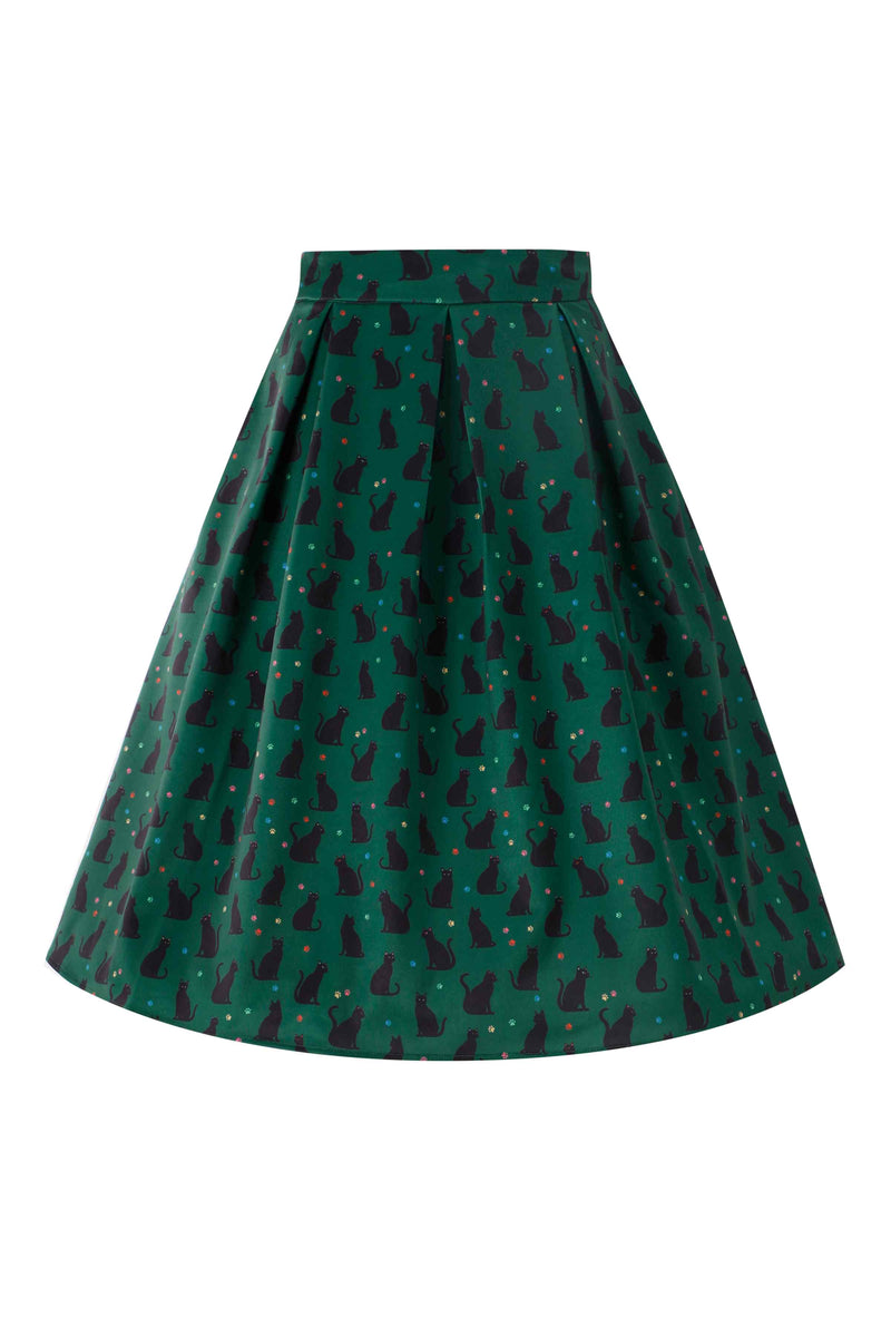 Front view of Aisley Black Cat Pleated Midi Skirt In Green