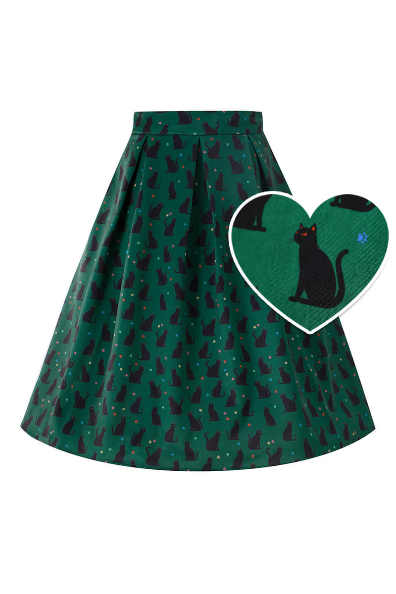 Front view of Aisley Black Cat Pleated Midi Skirt In Green